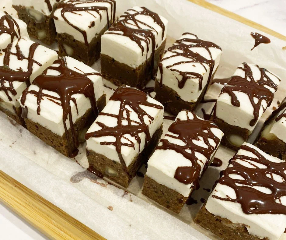 Slice made with marshmallow and drizzled in chocolate
